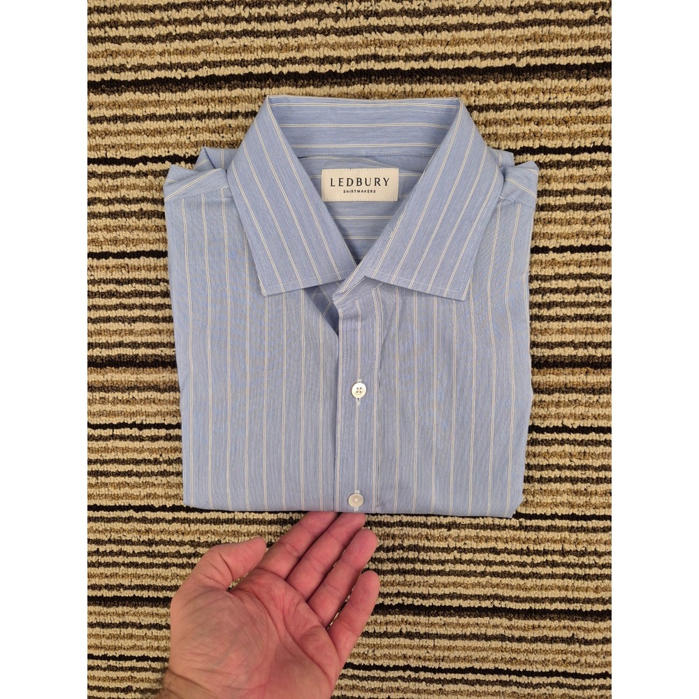 Ledbury Tailored Fit Dress‎ Shirt Blue White Stripe Spread Collar Sz 16.5 35